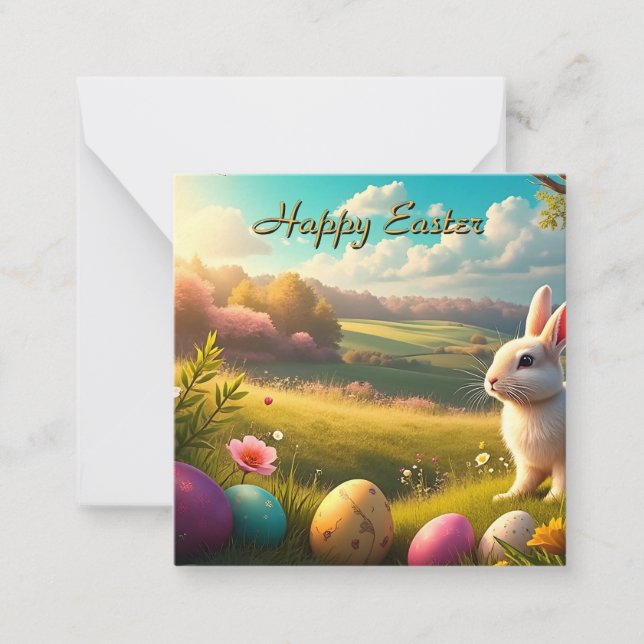 Carte De Correspondance Joyeuses Pâques dans un paysage printanier (Devant)
