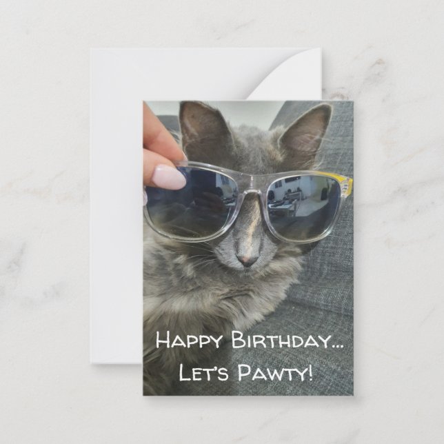 Carte De Correspondance "joyeux anniversaire pawty" drôle photo de chat gr (Devant)