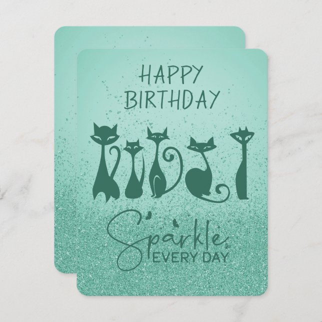 Carte De Correspondance Joyeux Chat d'Anniversaire Grand Turquoise Étincel (Devant / Derrière)