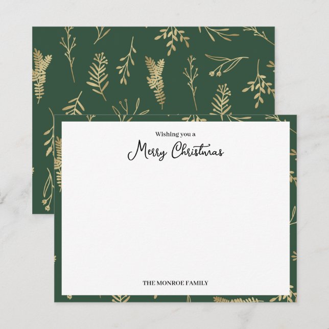 Carte De Correspondance Joyeux Noël Botanique Vert et Or (Devant / Derrière)