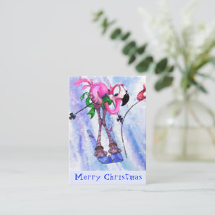 Carte De Correspondance Joyeux Noël - Flamant Rose Skieur Drôle - Amusant