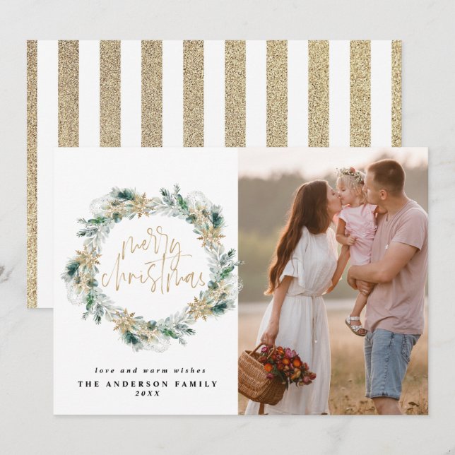 Carte De Correspondance Joyeux Noël Gold Greenery Wreath Salutation (Devant / Derrière)