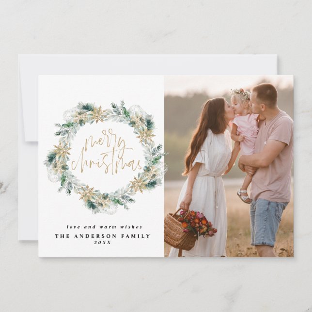 Carte De Correspondance Joyeux Noël Gold Greenery Wreath Salutation (Devant)