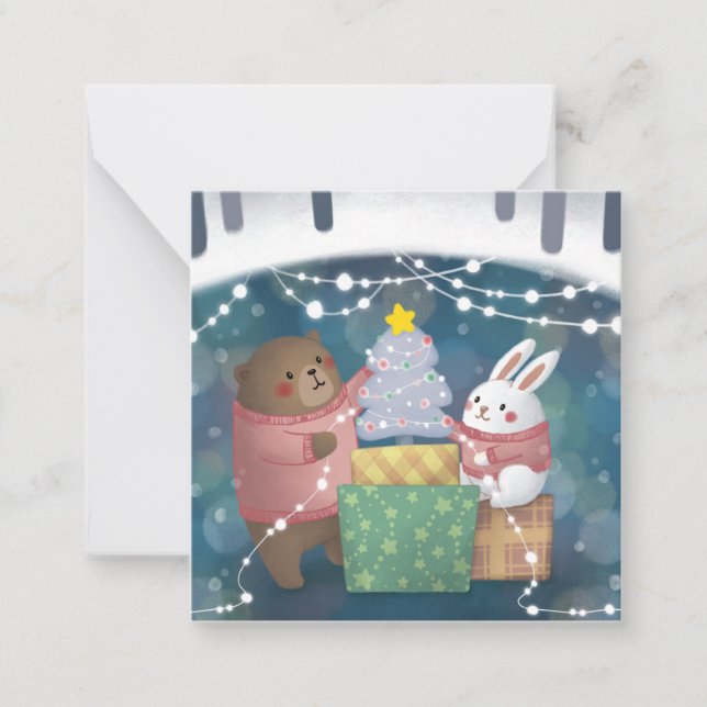 Carte De Correspondance Joyeux Noël : ours et lapin (Devant)