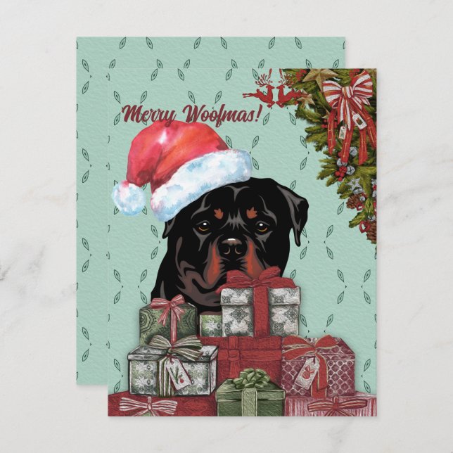 Carte De Correspondance Joyeux Woofmas ! Don de Noël Rottweiler Santa Hat (Devant / Derrière)