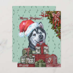 Carte De Correspondance Joyeux Woofmas ! Sibérie Husky Santa Hat Noël