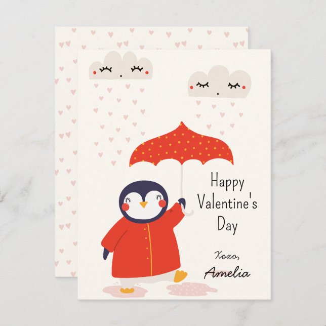 Carte De Correspondance Kids Classroom Cute Penguin Valentine's Day (Devant / Derrière)