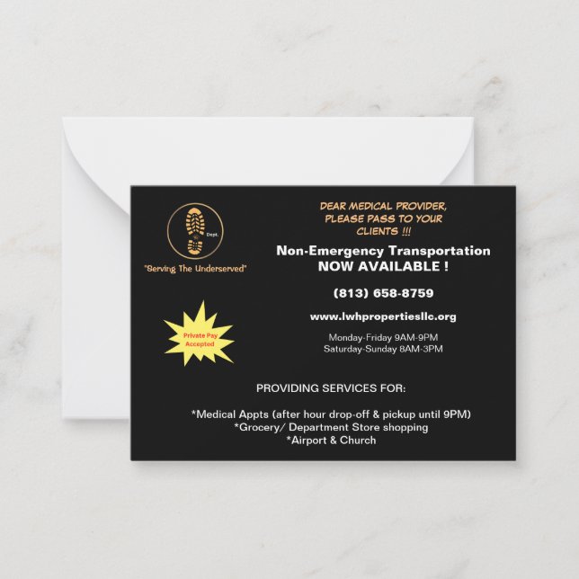 Carte De Correspondance L.W.H. Properties, LLC mailflyer pour fournisseurs (Devant)