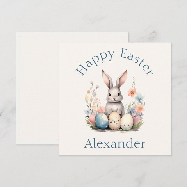 Carte De Correspondance Lapin bleu et rose Fleurs sauvages Pâques (Devant / Derrière)