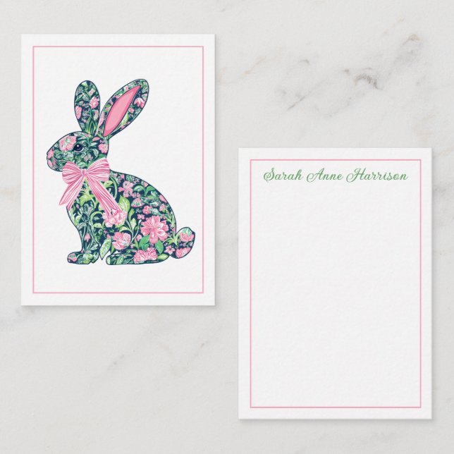 Carte De Correspondance Lapin de chinoiserie rose et vert avec noeud (Devant / Derrière)