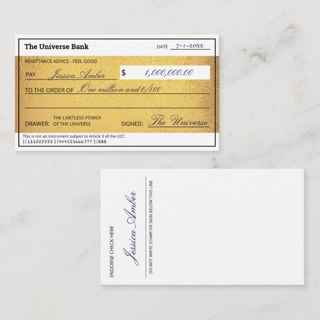 Carte De Correspondance Law of Attraction Gold Manifestation Blank Check  (Devant / Derrière)