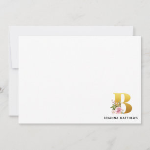 Carte De Correspondance Lettre or Faux rose Floral B Monogramme Nom