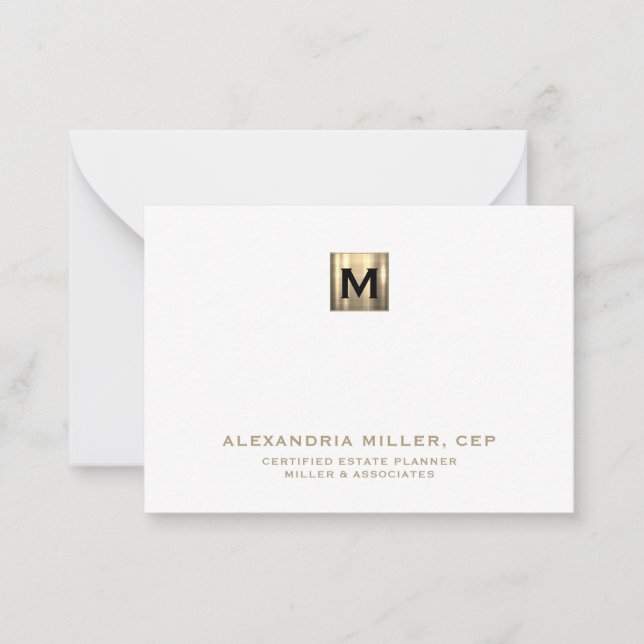 Carte De Correspondance Logo initial blanc et or élégant (Devant)