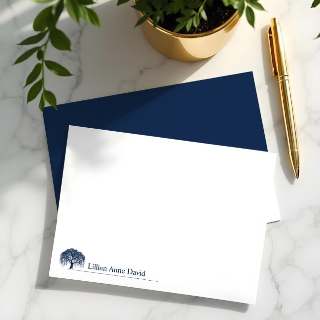 Carte De Correspondance Logo Personnalisé Marine moderne Blue Willow Tree (Modern Navy Blue Willow Tree Logo Personalized Note Card)