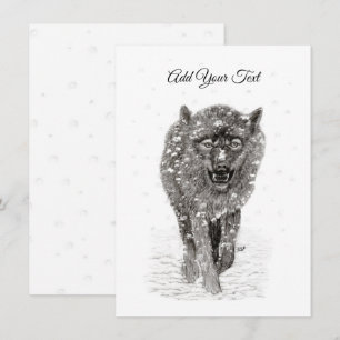 Carte De Correspondance Loup noir en colère dans la neige, hiver sauvage