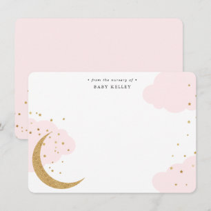 Carte De Correspondance Lune d'or et étoiles, nuages roses Baby Flat