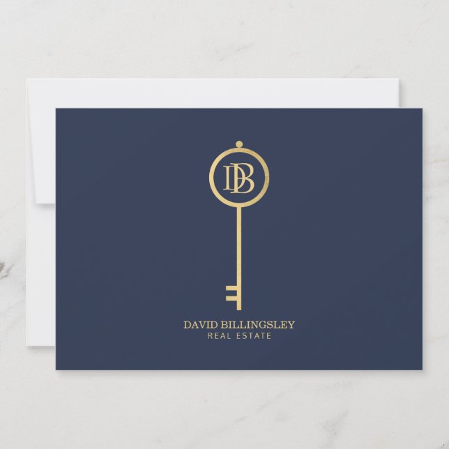 Carte De Correspondance Luxe Faux Gold Skeleton Key Monogram Navy (Devant)