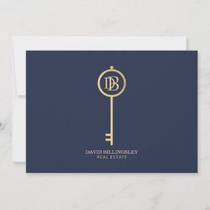 Carte De Correspondance Luxe Faux Gold Skeleton Key Monogram Navy
