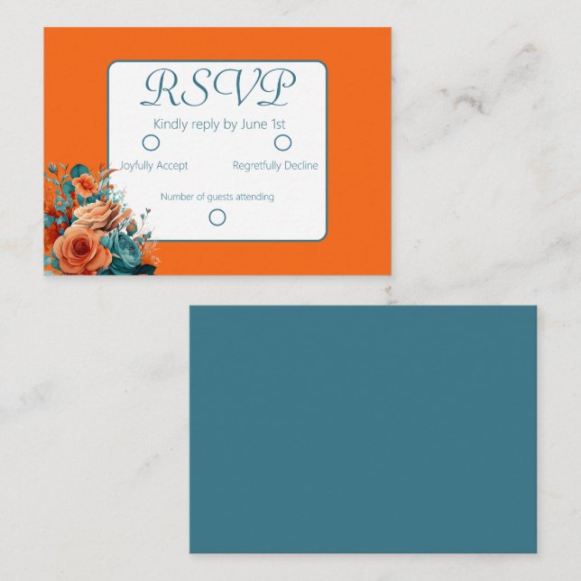 Carte De Correspondance Mariage floral turquoise et orange RSVP (Devant / Derrière)
