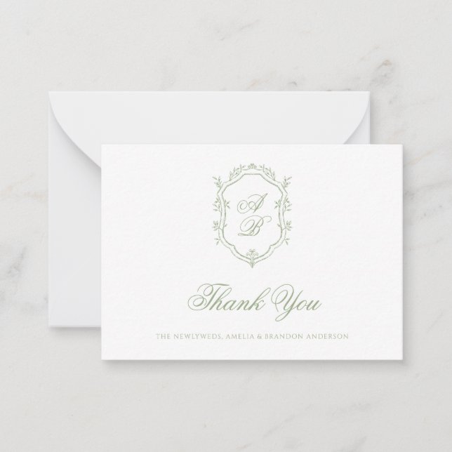 Carte De Correspondance Mariage Formel Classique Vert Sauge Monogramme Bla (Devant)