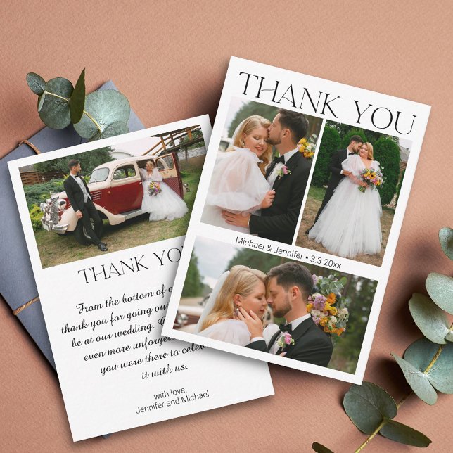 Carte De Correspondance mariage moderne écriture 4 collage photo merci (Créateur téléchargé)