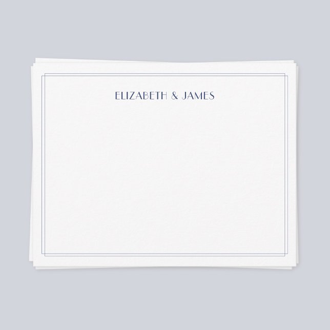 Carte De Correspondance Marine Bleu Simple Art Déco Moderne Noms de couple (Navy blue double border modern art deco couple note card)