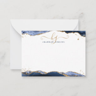 Carte De Correspondance Marine Blue Agate Monogramme Fancy Script Gold Par