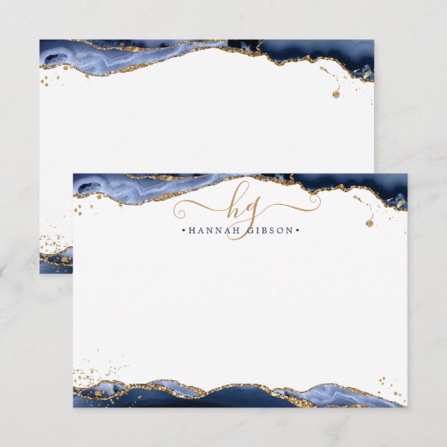 Carte De Correspondance Marine Blue Agate Monogramme Fancy Script Gold Par (Devant / Derrière)