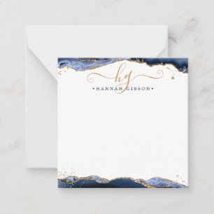 Carte De Correspondance Marine Blue Agate Monogramme Fancy Script Gold Par