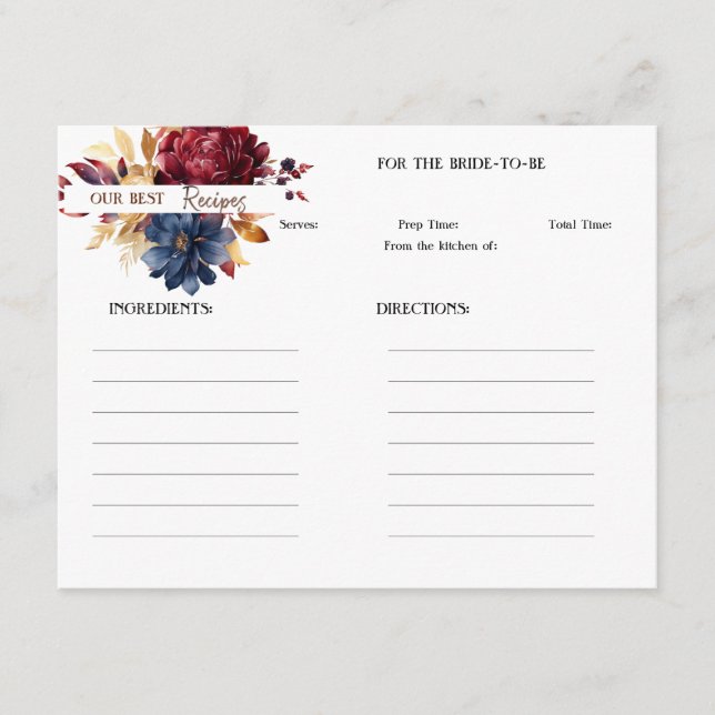 Carte De Correspondance Maroon and Navy Floral Recipe Card (Devant)