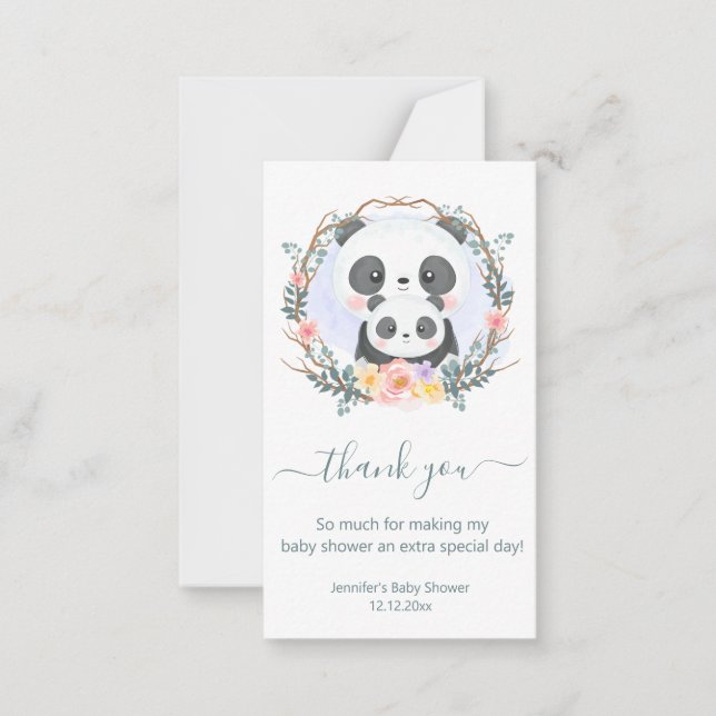 Carte De Correspondance merci baby shower aquarelle mignon pandas vert (Devant)