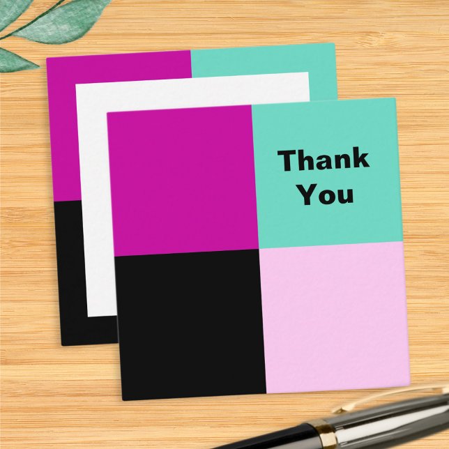 Carte De Correspondance Merci Carré en couleur (A stylish and modern Thank You card with color block pink, turquoise, magenta and black squares)