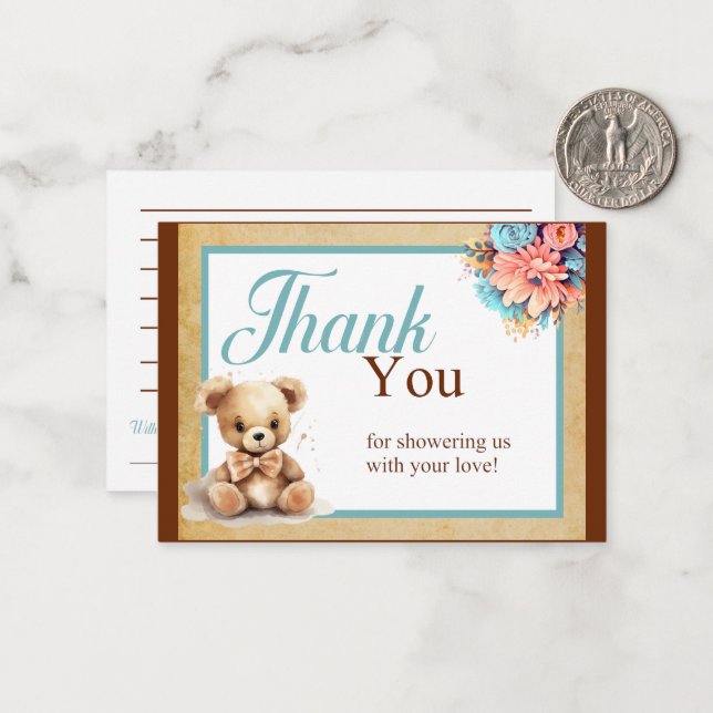 Carte De Correspondance Merci de Baby shower d'ours bleu Boho (Devant/Arrière en situation)