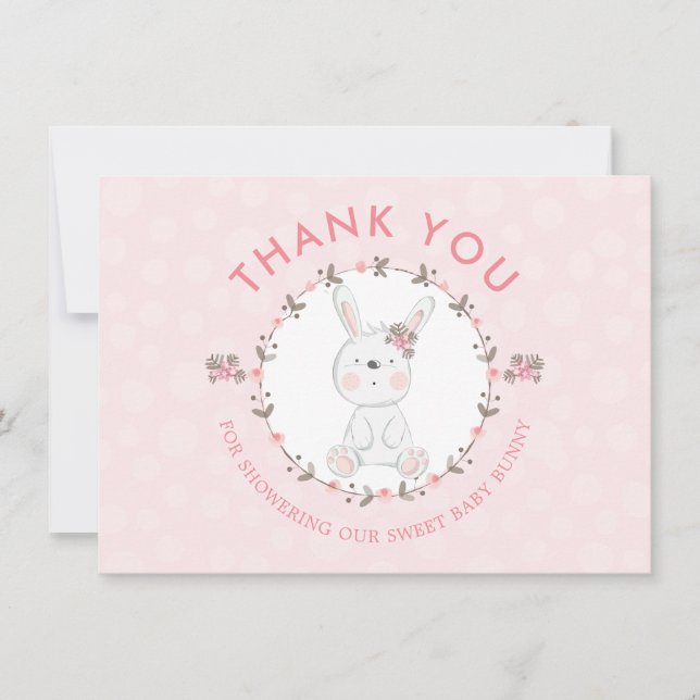 Carte De Correspondance Merci de Baby shower Floral Lapin Doux (Devant)