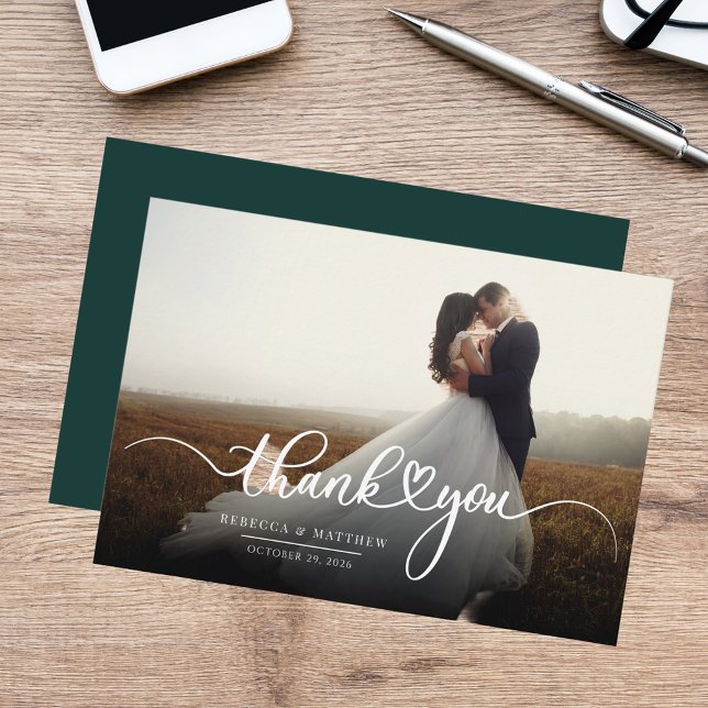 Carte De Correspondance Merci du Mariage de script photo budget (Modern Photo Script Wedding Thank You Note Card)