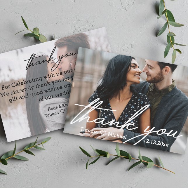 Carte De Correspondance merci, écriture moderne chic mariage 2 photos (Créateur téléchargé)