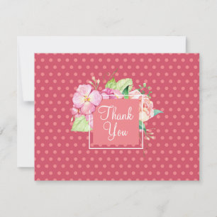 Carte De Correspondance Merci Fleurs Corail et Points Roses Fond Blanc