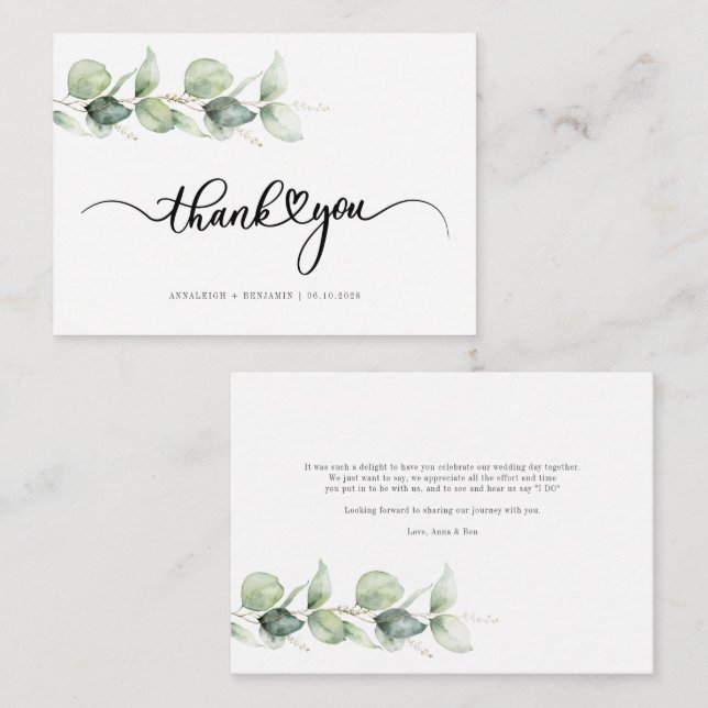 Carte De Correspondance Merci Mariage Eucalyptus Lettré Budget (Devant / Derrière)