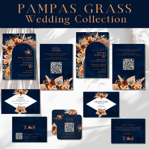 Carte De Correspondance Merci Mariage Pampas Grass Marine Bleu Automne