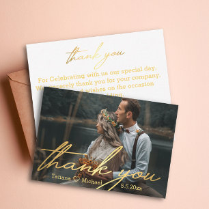 Carte De Correspondance merci,photo de mariage à l'écriture manuscrite dor
