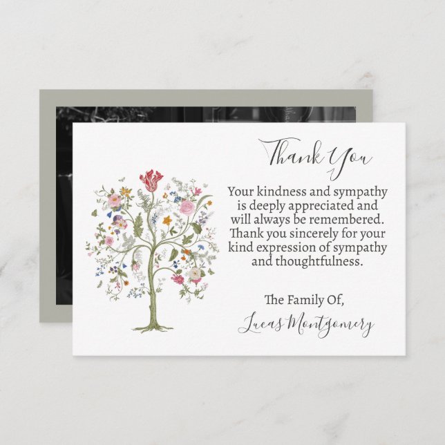 Carte De Correspondance Merci photo funéraire de l'arbre de vie, Sympathie (Devant / Derrière)