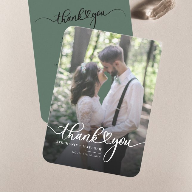 Carte De Correspondance Merci photo Mariage à lettres mains (Wedding Couple Photo Script Thank You Card)