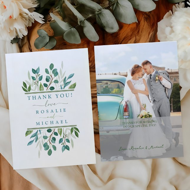 Carte De Correspondance Merci photo Mariage de verdure botanique (Flat Photo Wedding Thank You Card Front and Back)