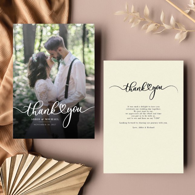 Carte De Correspondance Merci photo mariage manuscrit (Elegant Hand-Lettered Wedding Photo Thank You Card)