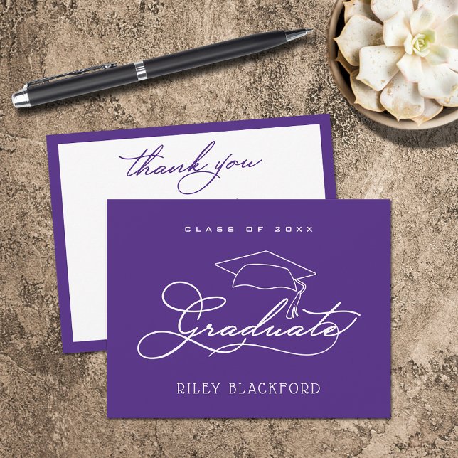 Carte De Correspondance Merci pourpre de la casquette de diplôme (Graduation Cap Flat Purple Thank You Note Cards)