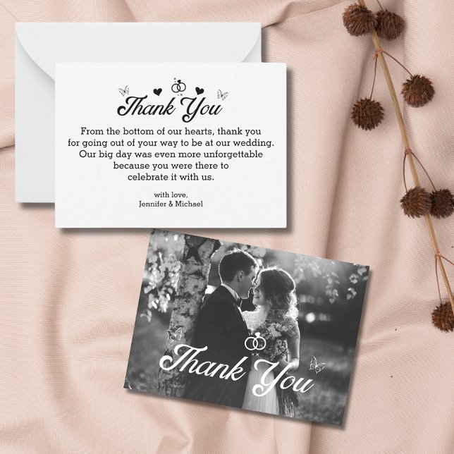Carte De Correspondance merci script design noir&blanc photo mariage (Créateur téléchargé)