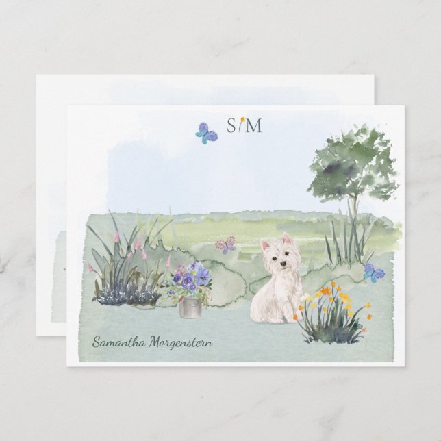 Carte De Correspondance Mete Westie Butterfly Meadow Monogramme & Nom (Devant / Derrière)