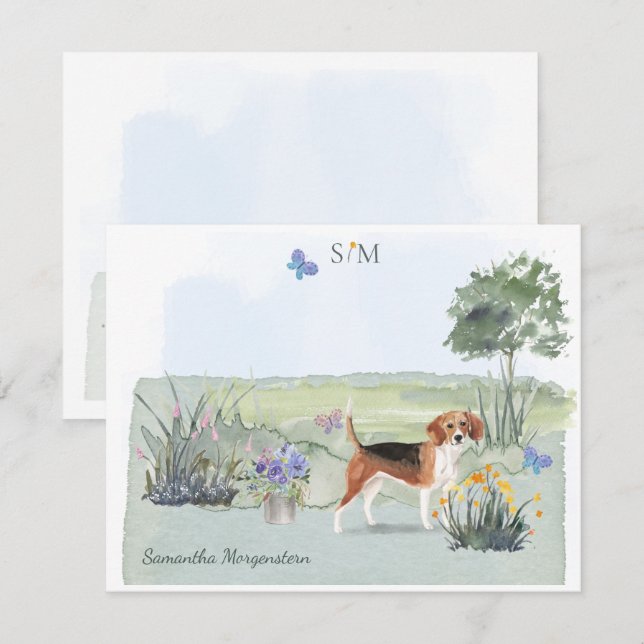 Carte De Correspondance Mignonne Beagle papillon de chien Monogramme et no (Devant / Derrière)