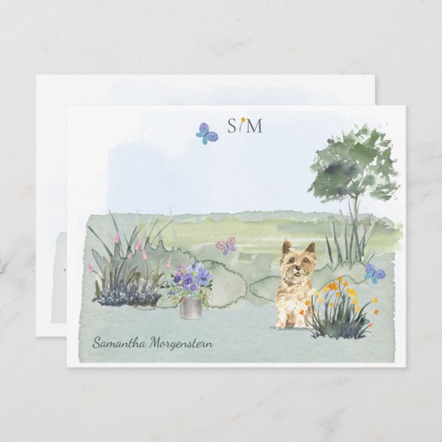 Carte De Correspondance Mignonne Cairn Terrier Chien Papillon Monogramme e (Devant / Derrière)