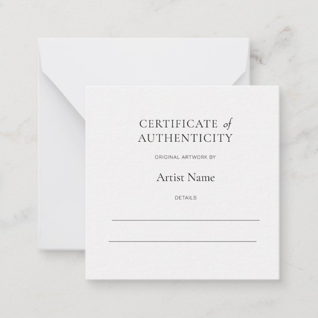 Carte De Correspondance Mini certificat d'authenticité blanc pour l'art  (Devant)